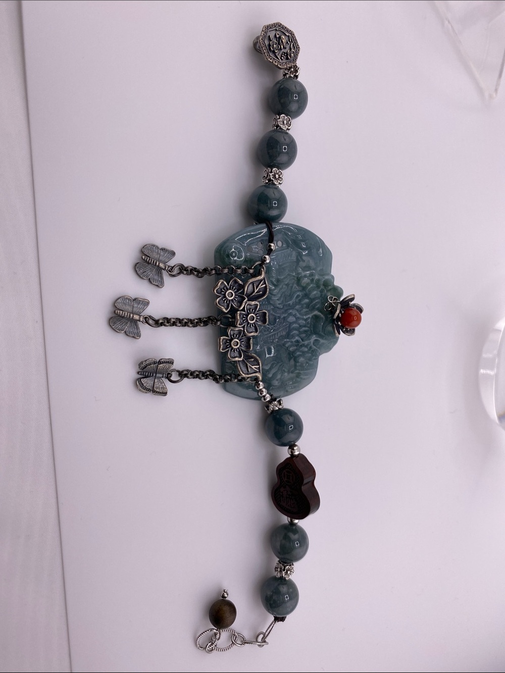 🦋 Blue Water Jadeite Carved Plaque Tibetan Silver Butterfly Fringe Bracelet
